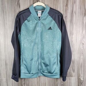 Adidas Womens Floral Print Track Jacket Teal Grey Full Zip 3-Stripe Medium